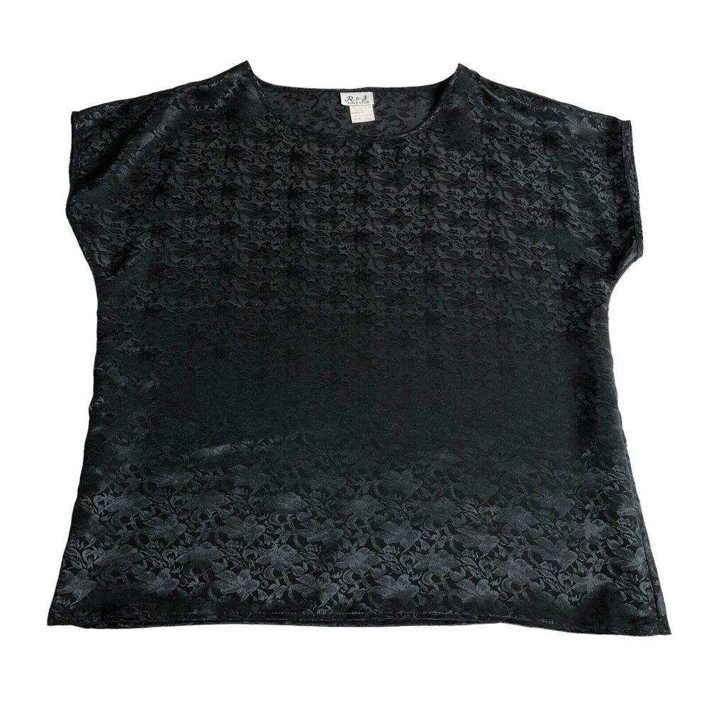 Vintage R&J Top Womens 12 Black Floral Satin Blouse USA Gothic Witchy 90s